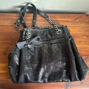 Elegant Black Sequin Tote Bag by Betsey Johnson with bow